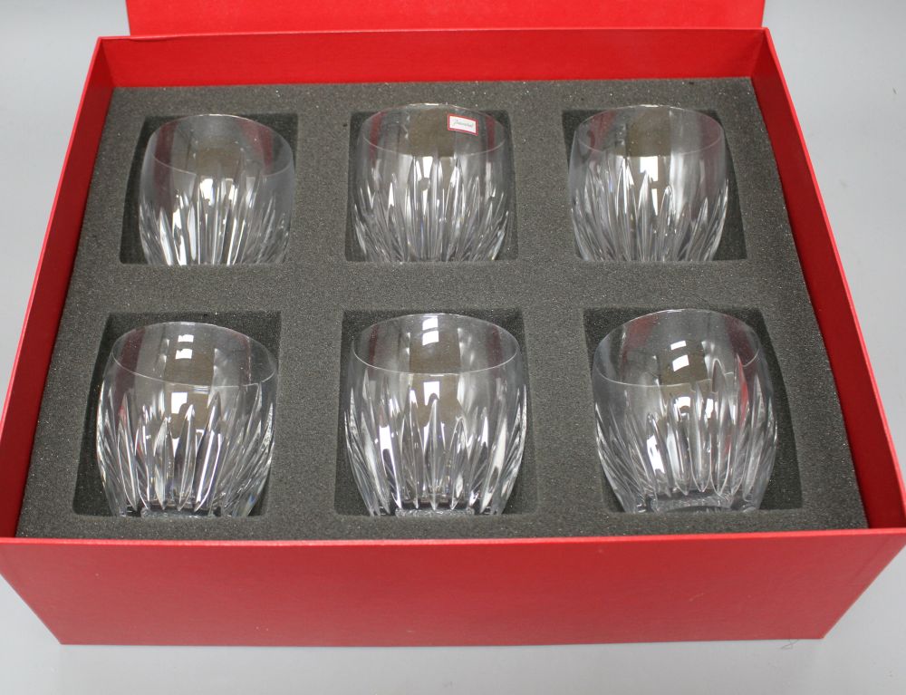 A boxed set of six Baccarat cut glass whisky tumblers, height 9cm, diameter 8cm